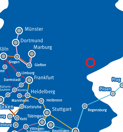 Deutschlandkarte mit Busverbindungen, zahlreich im Westen, leer im Osten, außer von Süden Prag
